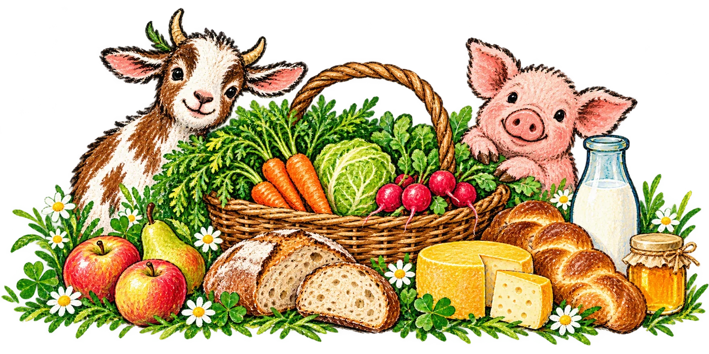 Buntstiftzeichnung mit Brot, Käse, Milch, Obst und Gemüse, einer kleinen Ziege und einem Schweinchen.